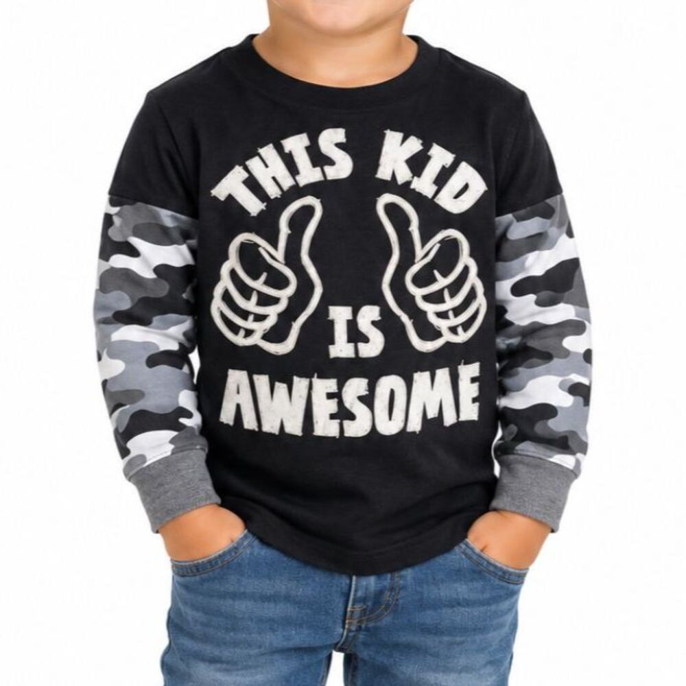 🔥 5 for $30 🔥 Hybrid Tees “This Kid is Awesome” Camo Sleeve Shirt | 2T